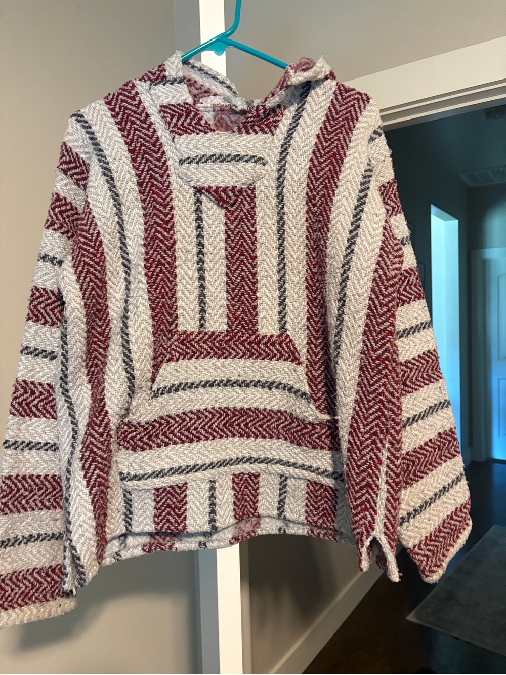 Striped Hooded Baja Sweater Poncho in Red, White & Gray